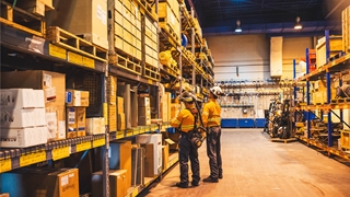 Two employees looking up shelves at a warehouse