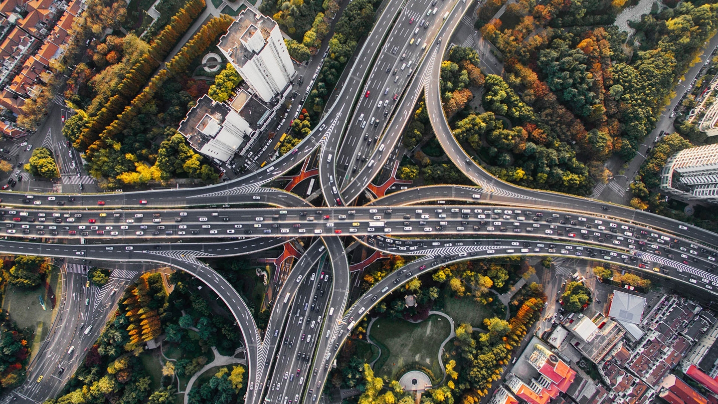 Bird's eye view of busy city roads