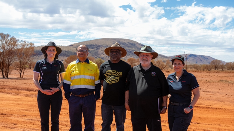 From left to right: Caitlin Westgarth, Vice President HSEC Rio Tinto Iron Ore, Rishi Verma, General Manager West Angelas Rio Tinto Iron Ore, Damien Hubert and Albert Pianta, Directors Ngarlawangga Aboriginal Corporation, Laura Thomas, General Manager Traditional Owner Partnerships Rio Tinto Iron Ore