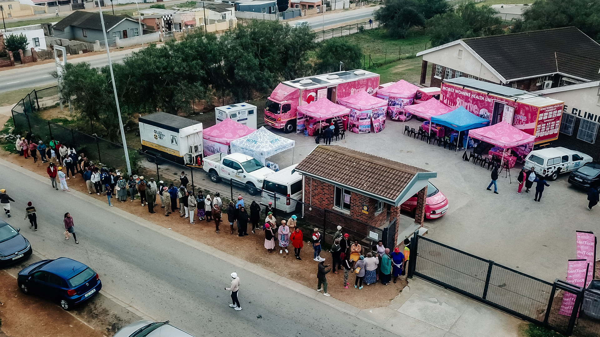 Aerial shot of PinkDrive mobile clinic in Zwide.