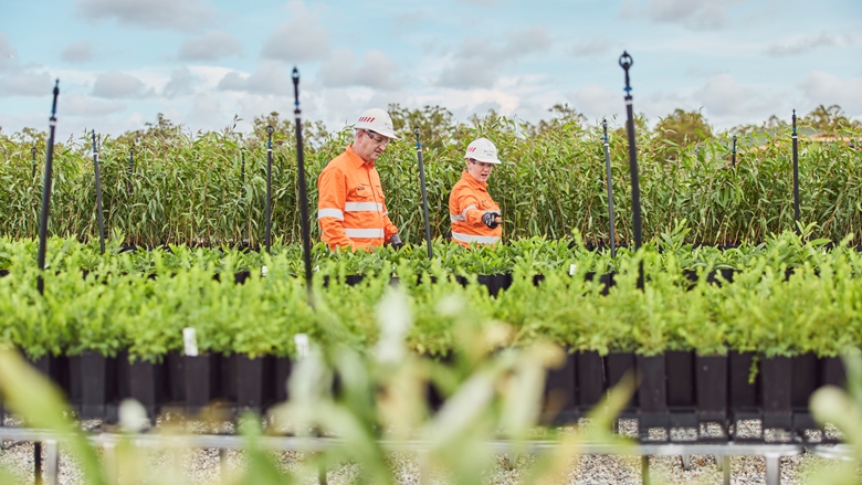 Two Rio Tinto employees walking around the nursery surrounded by plants.
