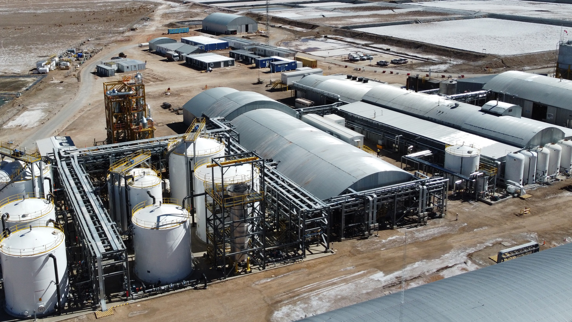 Aerial view of Rincon's direct lithium extraction plant showing connected roads and heavy machinery and plant facilities.