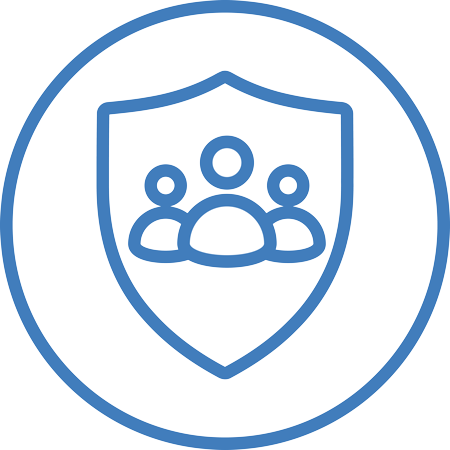 Blue line icon inside a circle showing a shield with three people figures, representing community resilience as one of three pillars.