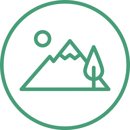 Green line icon inside a circle showing a mountain landscape with a sun and a tree, representing nature as one of three pillars.