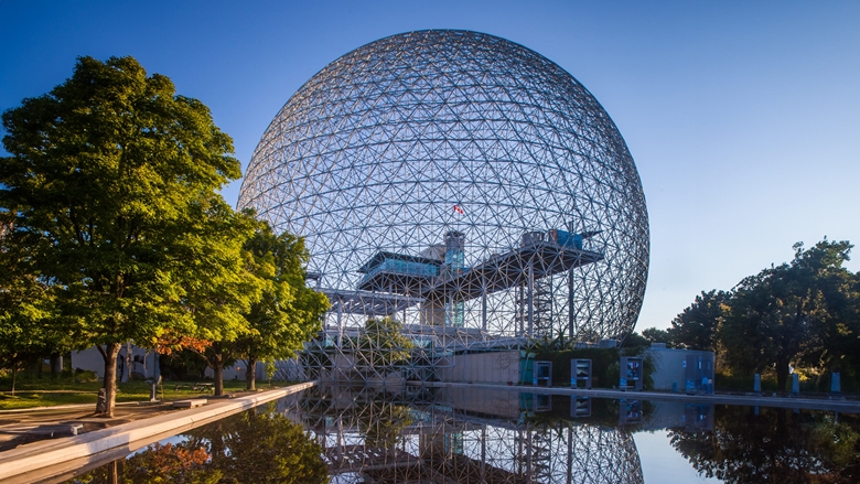 The dome of Montreal’s Biosphere in Canada is made of interconnected aluminium triangles.