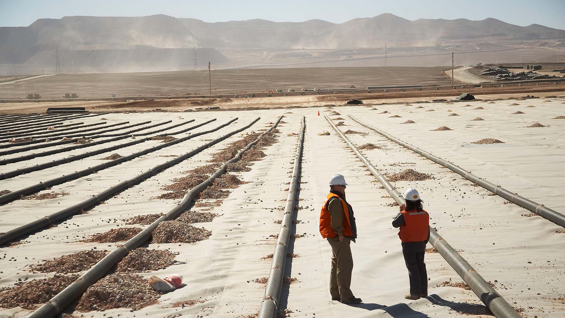 One of the massive sulphide ore leaching pads under construction at Escondida in 2005. These biological leaching pads use bacteria to convert sulphide ore into copper.